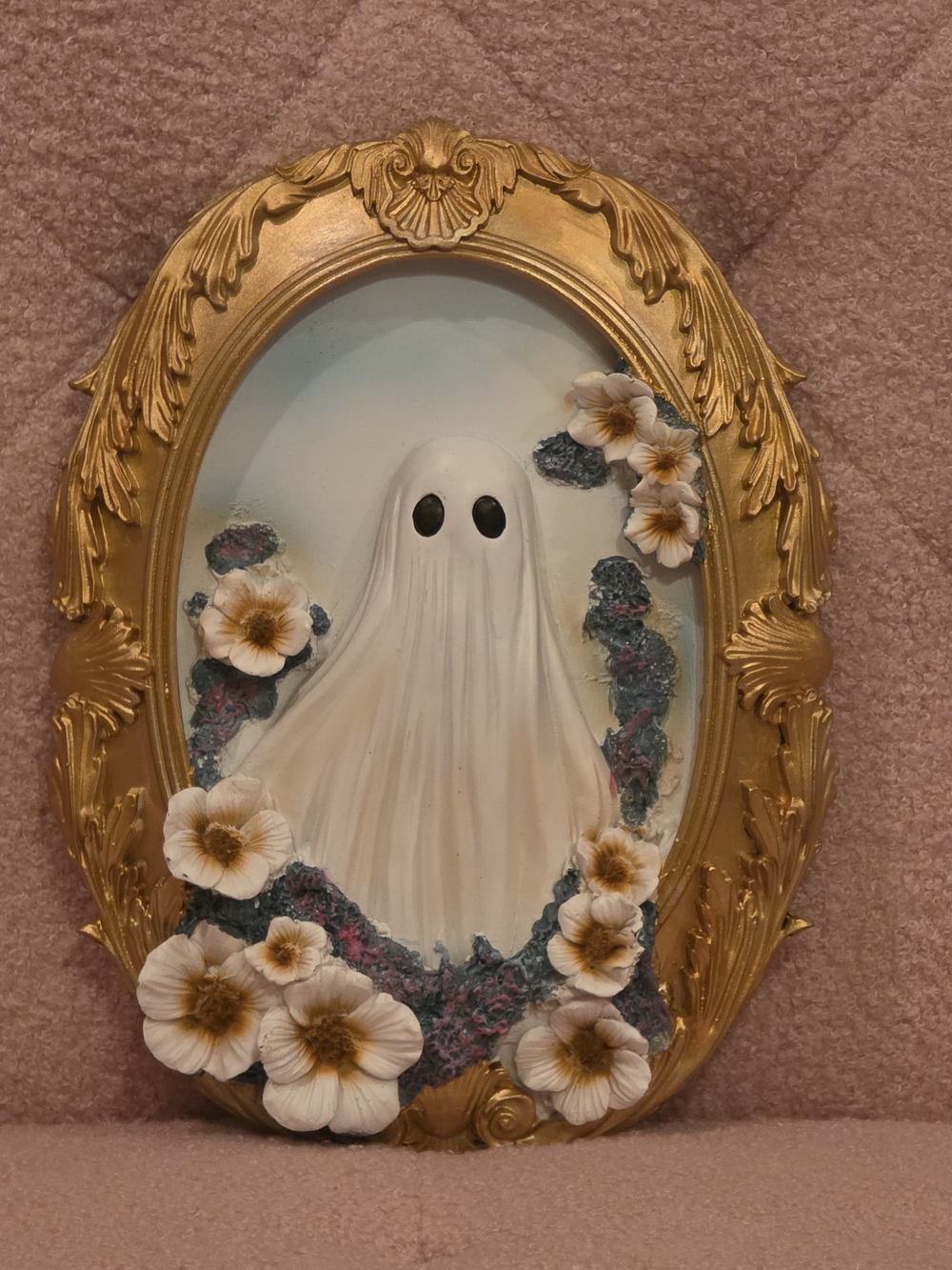 Gold Framed Ghost Wall Plaque with Ivory Flowers